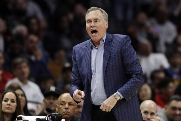 Houston Rockets coach Mike D'Antoni argues a call during the first half of the team's NBA basketball game against the Los Angeles Clippers on Wednesday, April 3, 2019, in Los Angeles. (AP Photo/Marcio Jose Sanchez)