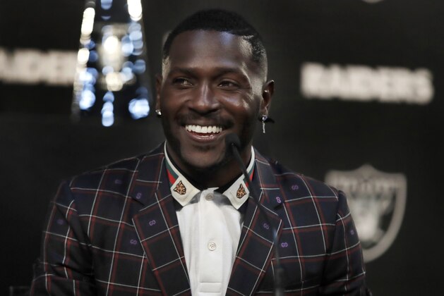 Oakland Raiders wide receiver Antonio Brown smiles during the NFL football team's news conference Wednesday, March 13, 2019, in Alameda, Calif. (AP Photo/Ben Margot)