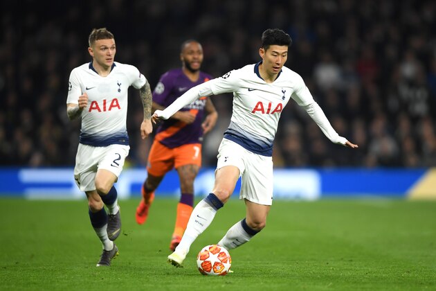 LONDON, ENGLAND - APRIL 09:  Heung-Min Son of Tottenham Hotspur runs with the ball during the UEFA Champions League Quarter Final first leg match between Tottenham Hotspur and Manchester City at Tottenham Hotspur Stadium on April 09, 2019 in London, England. (Photo by Mike Hewitt/Getty Images)