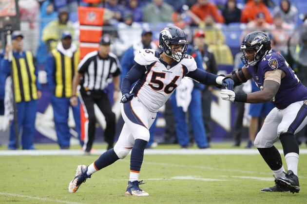 BALTIMORE, MD - SEPTEMBER 23: Shane Ray #56 of the Denver Broncos in action during the game against the Baltimore Ravens at M&T Bank Stadium on September 23, 2018 in Baltimore, Maryland. The Ravens won 27-14. (Photo by Joe Robbins/Getty Images)