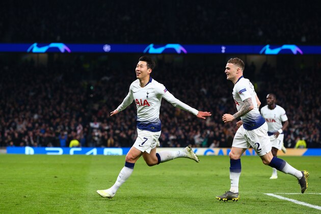 LONDON, ENGLAND - APRIL 09: Heung-Min Son of Tottenham Hotspur celebrates scoring the opening goal during the UEFA Champions League Quarter Final first leg match between Tottenham Hotspur and Manchester City at Tottenham Hotspur Stadium on April 9, 2019 in London, England. (Photo by Craig Mercer/MB Media/Getty Images)