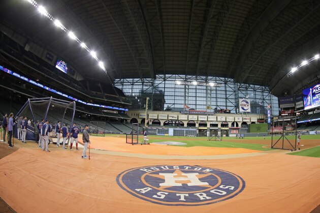 The Boston Red Sox work out at Minute Maid Park, Monday, Oct. 15, 2018, in Houston. The Red Sox are to face the Houston Astros in Game 3 of the baseball American League Championship Series, Tuesday, Oct. 16. (AP Photo/Frank Franklin II)