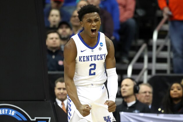 KANSAS CITY, MISSOURI - MARCH 31: Ashton Hagans #2 of the Kentucky Wildcats reacts during the first half against the Auburn Tigers during the 2019 NCAA Basketball Tournament Midwest Regional at Sprint Center on March 31, 2019 in Kansas City, Missouri. (Photo by Christian Petersen/Getty Images)