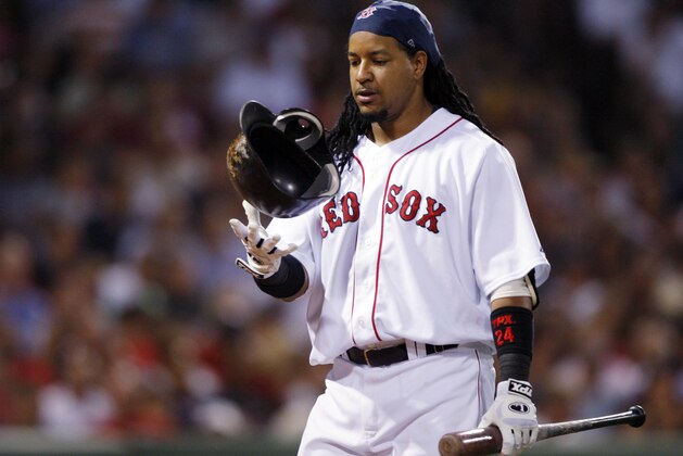 Boston Red Sox's Manny Ramirez walks back to the dugout after flying out in the fourth inning of their baseball game against the Los Angeles Angels at Fenway Park in Boston, Wednesday, July 30, 2008. The Angels beat the Red Sox 9-2. (AP Photo/Elise Amendola)