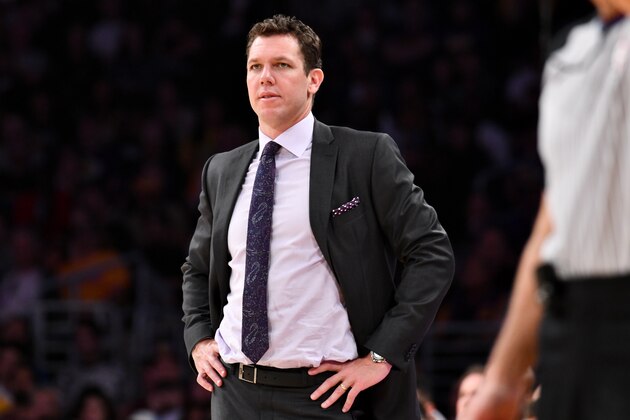 LOS ANGELES, CALIFORNIA - APRIL 07: Lakers coach Luke Walton looks on during a basketball game between the Los Angeles Lakers and the Utah Jazz at Staples Center on April 07, 2019 in Los Angeles, California. (Photo by Allen Berezovsky/Getty Images)