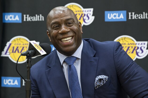 FILE - In this Tuesday, June 26, 2018 file photo,Los Angeles Lakers president of basketball operations, Earvin