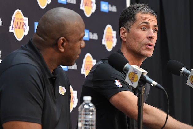 EL SEGUNDO, CA - SEPTEMBER 20: Lakers President of Basketball Operations Earvin 'Magic' Johnson and General Manager Rob Pelinka conduct a press conference at the Lakers UCLA Health Training Facility in El Segundo, California. NOTE TO USER: User expressly acknowledges and agrees that, by downloading and or using this photograph, User is consenting to the terms and conditions of the Getty Images License Agreement. Mandatory Copyright Notice: Copyright 2018 NBAE (Photo by Andrew D. Bernstein/NBAE via Getty Images)