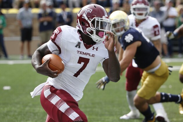 Temple running back Ryquell Armstead (7) carries the ball during the first half of an NCAA college football game against Notre Dame Saturday, Sept. 2, 2017, in South Bend, Ind. (AP Photo/Charles Rex Arbogast)