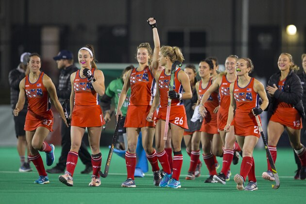 LANCASTER, PA - MARCH 29: The United States celebrate their win against Belgium during the Women's FIH Field Hockey Pro League match at Spooky Nook Sports on March 29, 2019 in Lancaster, Pennsylvania. The United States defeated Belgium 5-4 in a shoot out. (Photo by Mitchell Leff/Getty Images)