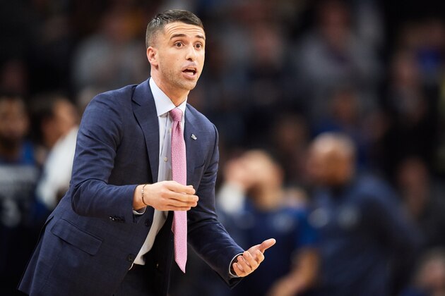 MINNEAPOLIS, MN - MARCH 29: Head coach Ryan Saunders of the Minnesota Timberwolves looks on during the game against the Golden State Warriors on March 29, 2019 at the Target Center in Minneapolis, Minnesota. NOTE TO USER: User expressly acknowledges and agrees that, by downloading and or using this Photograph, user is consenting to the terms and conditions of the Getty Images License Agreement. (Photo by Hannah Foslien/Getty Images)