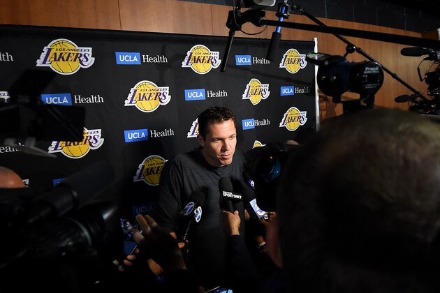 LOS ANGELES, CA - APRIL 9:  Head Coach Luke Walton of the Los Angeles Lakers speaks with the media before the game against the Portland Trail Blazers on April 9, 2019 at STAPLES Center in Los Angeles, California. NOTE TO USER: User expressly acknowledges and agrees that, by downloading and/or using this Photograph, user is consenting to the terms and conditions of the Getty Images License Agreement. Mandatory Copyright Notice: Copyright 2019 NBAE (Photo by Andrew D. Bernstein/NBAE via Getty Images)