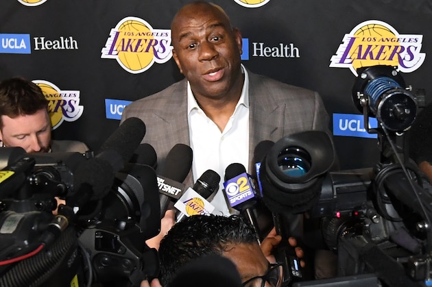 LOS ANGELES, CALIFORNIA - APRIL 09:  Magic Johnson reacts as he speaks to the press resigning as Los Angeles Lakers President of Basketball Operations before the game against the Portland Trail Blazers at Staples Center on April 09, 2019 in Los Angeles, California. (Photo by Harry How/Getty Images)  NOTE TO USER: User expressly acknowledges and agrees that, by downloading and or using this photograph, User is consenting to the terms and conditions of the Getty Images License Agreement.