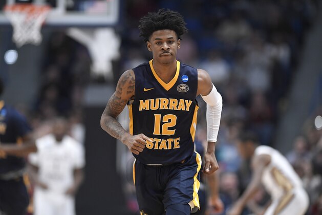 Murray State's Ja Morant (12) during the first half of a second round men's college basketball game in the NCAA tournament, Saturday, March 23, 2019, in Hartford, Conn. (AP Photo/Jessica Hill)
