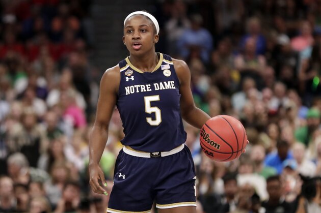 Notre Dame guard Jackie Young (5) dribbles the ball, during the second half of the Final Four championship game of the NCAA women's college basketball tournament against Notre Dame, Sunday, April 7, 2019, in Tampa, Fla. (AP Photo/John Raoux)