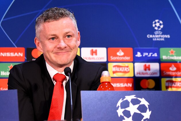MANCHESTER, ENGLAND - APRIL 09: Ole Gunnar Solskjaer, Manager of Manchester United smiles during the Manchester United Press Conference ahead of the UEFA Champions League Quarter Final First Leg match between Manchester United v FC Barcelona at Old Trafford on April 09, 2019 in Manchester, England. (Photo by Nathan Stirk/Getty Images)