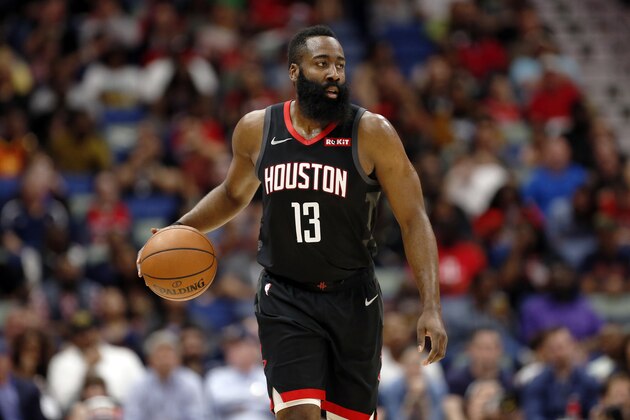 Houston Rockets guard James Harden (13) during the first half of an NBA basketball game in New Orleans, Sunday, March 24, 2019. (AP Photo/Tyler Kaufman)