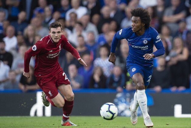 LONDON, ENGLAND - SEPTEMBER 29: Willian of Chelsea and Andrew Robertson of Liverpool during the Premier League match between Chelsea FC and Liverpool FC at Stamford Bridge on September 29, 2018 in London, United Kingdom. (Photo by Visionhaus/Getty Images)