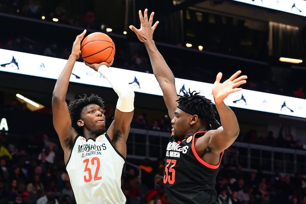 ATLANTA, GA - MARCH 27: James Wiseman #32 of East High School in Tennessee puts up a shot against Isaiah Stewart #33 of La Lumiere School in Indiana during the 2019 McDonald's High School Boys All-American Game on March 27, 2019 at State Farm Arena in Atlanta, Georgia. (Photo by Scott Cunningham/Getty Images)