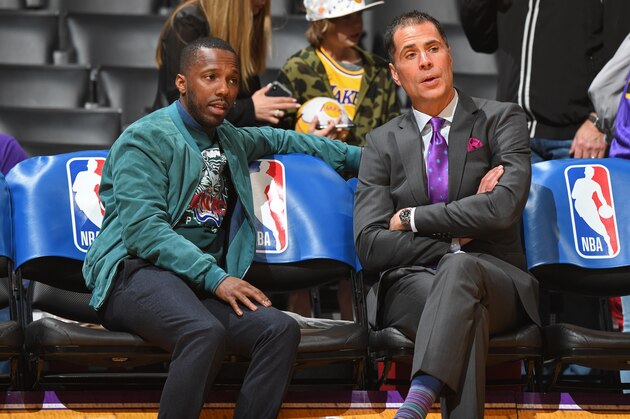 LOS ANGELES, CA - FEBRUARY 27:  Rich Paul and Los Angeles Lakers General Manager Rob Pelinka speak before the game between New Orleans Pelicans and Los Angeles Lakerson February 27, 2019 at STAPLES Center in Los Angeles, California. NOTE TO USER: User expressly acknowledges and agrees that, by downloading and/or using this Photograph, user is consenting to the terms and conditions of the Getty Images License Agreement. Mandatory Copyright Notice: Copyright 2019 NBAE (Photo by Andrew D. Bernstein/NBAE via Getty Images)