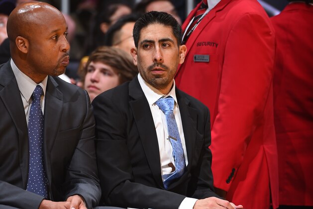 LOS ANGELES, CA - APRIL 4: Trainer Marco Nunez sits court-side during the game against the San Antonio Spurs on April 4, 2018 at STAPLES Center in Los Angeles, California. NOTE TO USER: User expressly acknowledges and agrees that, by downloading and/or using this Photograph, user is consenting to the terms and conditions of the Getty Images License Agreement. Mandatory Copyright Notice: Copyright 2018 NBAE (Photo by Andrew D. Bernstein/NBAE via Getty Images)