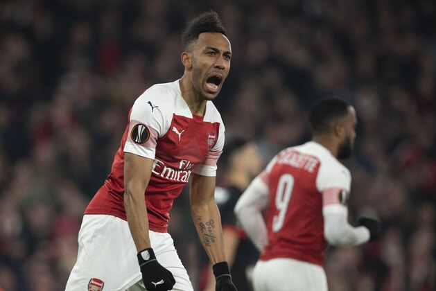 LONDON, ENGLAND - MARCH 14:  Pierre-Emerick Aubameyang of Arsenal celebrates his first goal during the UEFA Europa League Round of 16 Second Leg match between Arsenal and Stade Rennais at Emirates Stadium on March 14, 2019 in London, England. (Photo by Visionhaus/Getty Images)