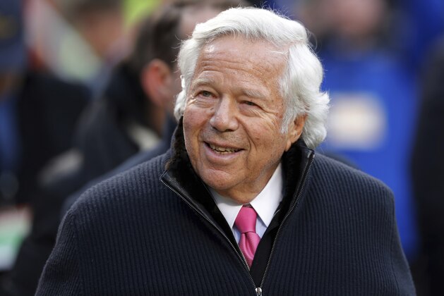 FILE - In this Jan. 20, 2019, file photo, New England Patriots owner Robert Kraft walks on the field before the AFC Championship NFL football game in Kansas City, Mo. The illicit massage parlor sting in Florida that ensnared Kraft is a reminder of how challenging it’s been to crackdown on underground prostitution operations. (AP Photo/Charlie Neibergall, File)