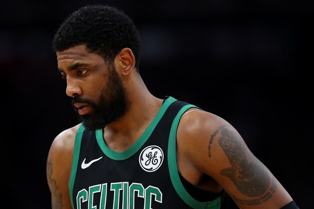 BOSTON, MASSACHUSETTS - APRIL 07: Kyrie Irving #11 of the Boston Celtics looks on during the second quarter of the game against the Orlando Magic at TD Garden on April 07, 2019 in Boston, Massachusetts. NOTE TO USER: User expressly acknowledges and agrees that, by downloading and or using this photograph, User is consenting to the terms and conditions of the Getty Images License Agreement. (Photo by Maddie Meyer/Getty Images)