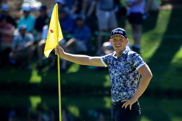 AUGUSTA, GEORGIA - APRIL 10: Matt Wallace of England celebrates after making a hole in one on the eighth hole during the Par 3 Contest prior to the Masters at Augusta National Golf Club on April 10, 2019 in Augusta, Georgia. (Photo by Andrew Redington/Getty Images)