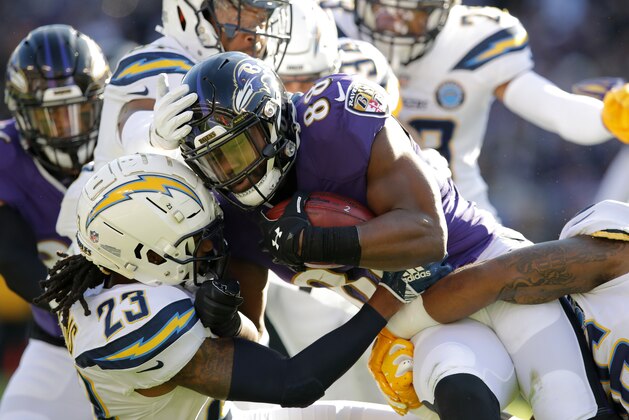 Baltimore Ravens running back Ty Montgomery (88) is tackled by Los Angeles Chargers defensive back Rayshawn Jenkins (23) as he rushes the ball in the first half of an NFL wild card playoff football game, Sunday, Jan. 6, 2019, in Baltimore. (AP Photo/Carolyn Kaster)