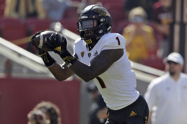 Arizona State wide receiver N'Keal Harry makes a touchdown catch against Southern California during the first half of an NCAA college football game Saturday, Oct. 27, 2018, in Los Angeles. (AP Photo/Marcio Jose Sanchez)