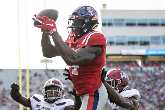 OXFORD, MS - SEPTEMBER 8:  D.K. Metcalf #14 of the Mississippi Rebels catches a pass during a game against the Southern Illinois Salukis at Vaught-Hemingway Stadium on September 8, 2018 in Oxford, Mississippi.  The Rebels defeated the Salukis 76-41.  (Photo by Wesley Hitt/Getty Images)