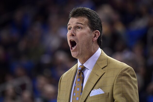 UCLA head coach Steve Alford yells to his team on during the first half of an NCAA college basketball game against Loyola Marymount Sunday, Dec. 2, 2018, in Los Angeles. (AP Photo/Mark J. Terrill)