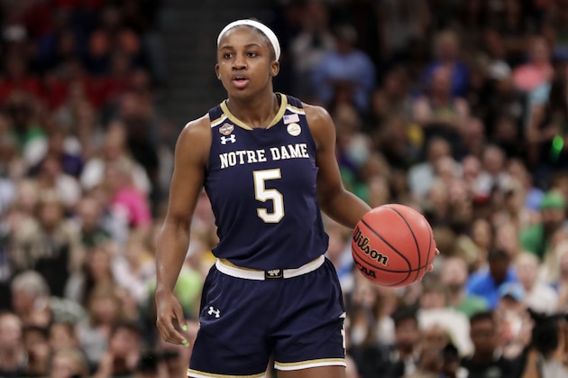 Notre Dame guard Jackie Young (5) dribbles the ball, during the second half of the Final Four championship game of the NCAA women's college basketball tournament against Notre Dame, Sunday, April 7, 2019, in Tampa, Fla. (AP Photo/John Raoux)