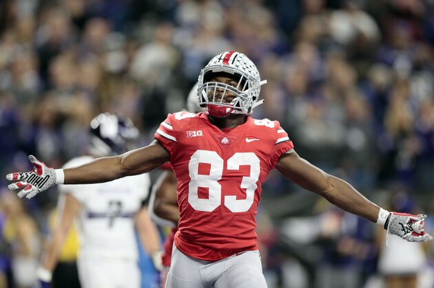 Ohio State wide receiver Terry McLaurin reacts during the first half of the Big Ten championship NCAA college football game against Northwestern, Saturday, Dec. 1, 2018, in Indianapolis. (AP Photo/AJ Mast)