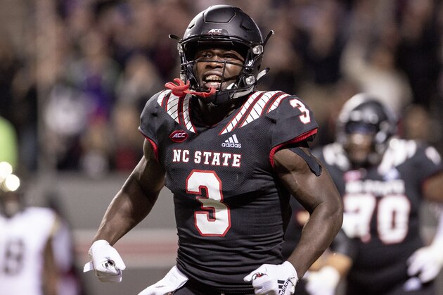 North Carolina State's Kelvin Harmon celebrates after a touchdown during the second half of an NCAA college football game in Raleigh, N.C., Thursday, Nov. 8, 2018. (AP Photo/Ben McKeown)