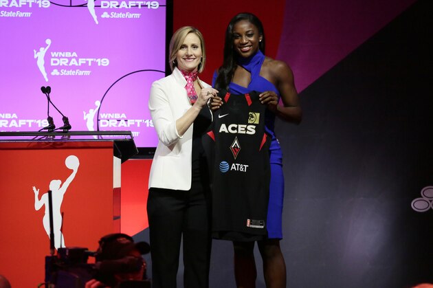 NEW YORK, NY - APRIL 10: Christy Hedgpeth pose with Jackie Young after being drafted as number one overall pick by the Las Vegas Aces during the 2019 WNBA Draft on April 10, 2019 at Nike New York Headquarters in New York, New York. NOTE TO USER: User expressly acknowledges and agrees that, by downloading and/or using this photograph, user is consenting to the terms and conditions of the Getty Images License Agreement. Mandatory Copyright Notice: Copyright 2019 NBAE (Photo by Steven Freeman/NBAE via Getty Images)