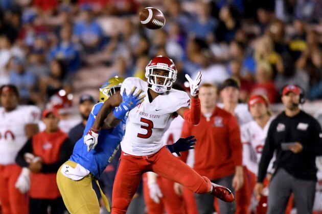 PASADENA, CA - SEPTEMBER 15:  KeeSean Johnson #3 of the Fresno State Bulldogs makes a catch in front of Darnay Holmes #1 of the UCLA Bruins during the third quarter at Rose Bowl on September 15, 2018 in Pasadena, California.  (Photo by Harry How/Getty Images)