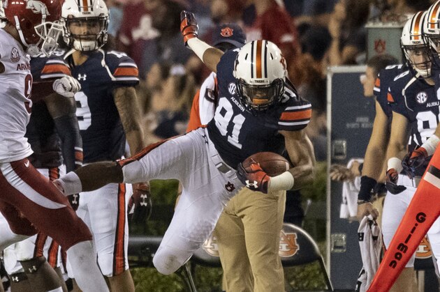 Auburn wide receiver Darius Slayton (81) flies out of bound on a hit from Arkansas defensive back Santos Ramirez (9) at the end of a pass play during the first half of an NCAA college football game, Saturday, Sept. 22, 2018, in Auburn, Ala. (AP Photo/Vasha Hunt)