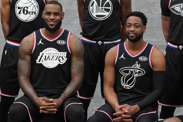 CHARLOTTE, NC - FEBRUARY 17: LeBron James #23 and Dwyane Wade #3 of Team LeBron pose for a portrait during the 2019 NBA All-Star Game on February 17, 2019 at the Spectrum Center in Charlotte, North Carolina. NOTE TO USER: User expressly acknowledges and agrees that, by downloading and/or using this photograph, user is consenting to the terms and conditions of the Getty Images License Agreement. Mandatory Copyright Notice: Copyright 2019 NBAE (Photo by Issac Baldizon/NBAE via Getty Images)