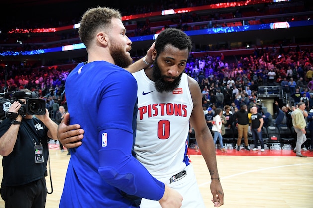DETROIT, MI - APRIL 9: Blake Griffin #23 and Andre Drummond #0 of the Detroit Pistons hug after the game against the Memphis Grizzlies  on April 9, 2019 at Little Caesars Arena in Detroit, Michigan. NOTE TO USER: User expressly acknowledges and agrees that, by downloading and/or using this photograph, User is consenting to the terms and conditions of the Getty Images License Agreement. Mandatory Copyright Notice: Copyright 2019 NBAE (Photo by Chris Schwegler/NBAE via Getty Images)