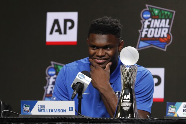Duke freshman Zion Williamson answers questions at a news conference where he was awarded the Associated Press men's college basketball player of the year award at the Final Four NCAA college basketball tournament, Friday, April 5, 2019, in Minneapolis. (AP Photo/Charlie Neibergall)