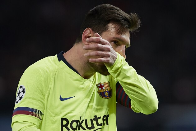 MANCHESTER, ENGLAND - APRIL 10: Lionel Messi of FC Barcelona reacts during the UEFA Champions League Quarter Final first leg match between Manchester United and FC Barcelona at Old Trafford on April 10, 2019 in Manchester, England. (Photo by Quality Sport Images/Getty Images)