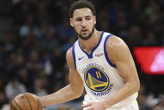 Golden State Warriors' Klay Thompson in the second half of an NBA basketball game against the Minnesota Timberwolves, Friday March 29, 2019, in Minneapolis. Minnesota won 131-130 in overtime. (AP Photo/Stacy Bengs)