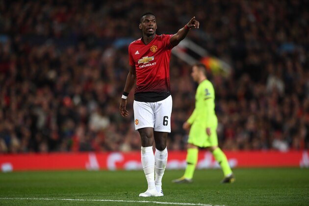 MANCHESTER, ENGLAND - APRIL 10: United player Paul Pogba reacts during the UEFA Champions League Quarter Final first leg match between Manchester United and FC Barcelona at Old Trafford on April 10, 2019 in Manchester, England. (Photo by Stu Forster/Getty Images)