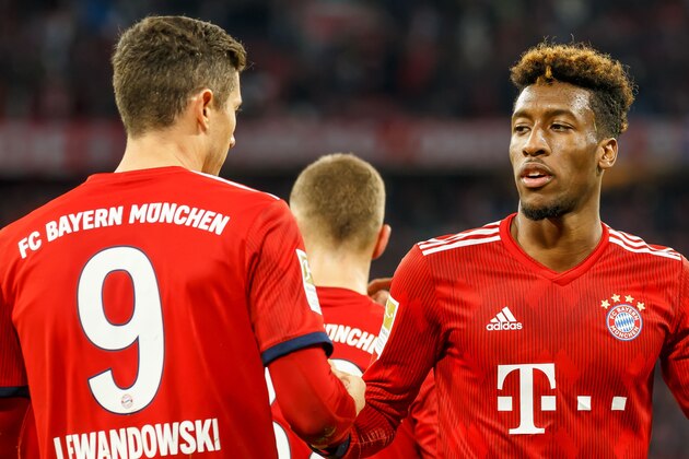MUNICH, GERMANY - JANUARY 27: Robert Lewandowski of Bayern Muenchen and Kingsley Coman of Bayern Muenchen look on during the Bundesliga match between FC Bayern Muenchen and VfB Stuttgart at Allianz Arena on January 27, 2019 in Munich, Germany. (Photo by TF-Images/TF-Images via Getty Images)