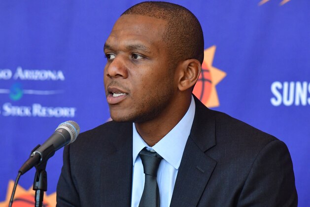 PHOENIX, AZ - MAY 14: James Jones of the Phoenix Suns talks to the media during the announcement of Igor Kokoskov as the new head coach at a press conference on May 14, 2018, at Talking Stick Resort Arena in Phoenix, Arizona. NOTE TO USER: User expressly acknowledges and agrees that, by downloading and or using this Photograph, user is consenting to the terms and conditions of the Getty Images License Agreement. Mandatory Copyright Notice: Copyright 2018 NBAE (Photo by Barry Gossage/NBAE via Getty Images)