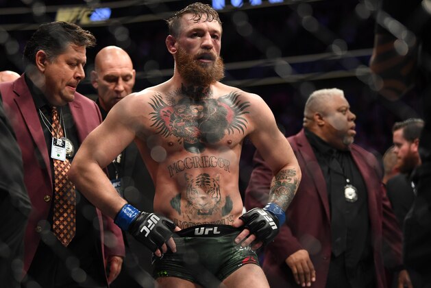 LAS VEGAS, NV - OCTOBER 06:  Conor McGregor of Ireland is involved in a post-fight incident following his loss to Khabib Nurmagomedov of Russia in their UFC lightweight championship bout during the UFC 229 event inside T-Mobile Arena on October 6, 2018 in Las Vegas, Nevada. (Photo by Jeff Bottari/Zuffa LLC/Zuffa LLC via Getty Images)