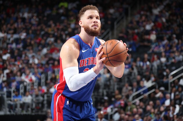 DETROIT, MI - APRIL 7 : Blake Griffin #23 of the Detroit Pistons shoots a free throw during the game against the Charlotte Hornets on April 7, 2019 at Little Caesars Arena in Detroit, Michigan. NOTE TO USER: User expressly acknowledges and agrees that, by downloading and/or using this photograph, User is consenting to the terms and conditions of the Getty Images License Agreement. Mandatory Copyright Notice: Copyright 2019 NBAE (Photo by Brian Sevald/NBAE via Getty Images)