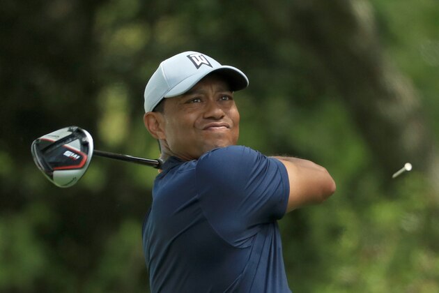 AUGUSTA, GEORGIA - APRIL 11: Tiger Woods of the United States plays his shot from the second tee during the first round of the Masters at Augusta National Golf Club on April 11, 2019 in Augusta, Georgia. (Photo by Mike Ehrmann/Getty Images)