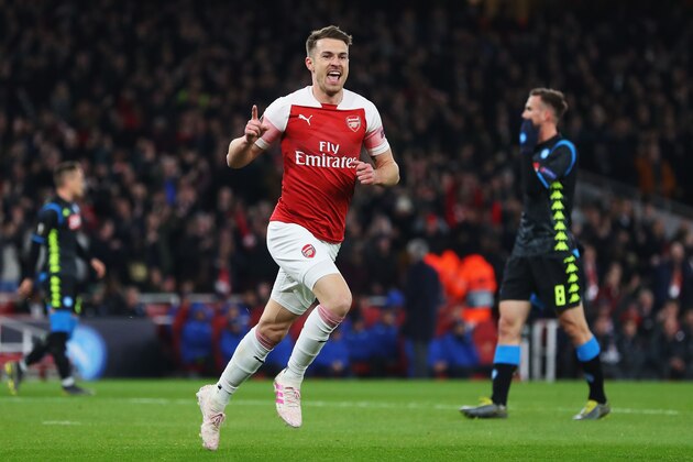LONDON, ENGLAND - APRIL 11:  Aaron Ramsey of Arsenal celebrates scoring his teams first goal of the game during the UEFA Europa League Quarter Final First Leg match between Arsenal and S.S.C. Napoli at Emirates Stadium on April 11, 2019 in London, England. (Photo by Catherine Ivill/Getty Images)